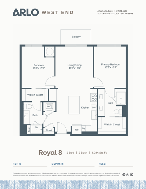 Floor plan for 2 beds, 2 baths, 1084 sqft